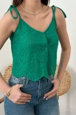 Toptan Yeşil Bağcıklı Brode Bluz