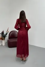 Toptan Bordo Büzgü Detaylı Manşeti Kuşaklı Elbise