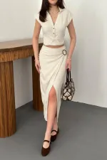 Toptan Bej Keten Gömlek Ve Etek Takım