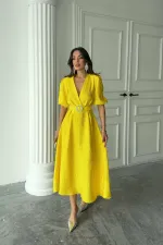 Toptan Sarı Işıltılı Kemerli Kruvaze Elbise