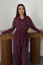 Toptan Mürdüm Düğme Detaylı Gömlek Ve Nervürlü Pantolon Takım