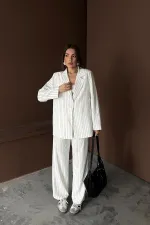 Toptan Beyaz Çizgili Ceket Ve Pantolon Takım