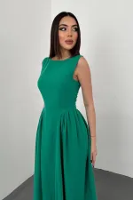 Toptan Yeşil Yanları Büzgülü Midi Boy Keten Elbise