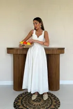 Toptan Ekru Dantel Detaylı Askılı Elbise