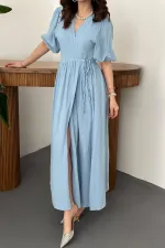 Robe longue en mousseline bleu ciel en gros