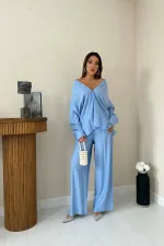 Ensemble chemise et pantalon ample bleu Alice en gros