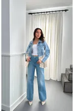 Veste en jean bleu tricotée garnie en gros