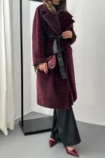 Toptan Bordo Deri Kuşak Garnili Kaban