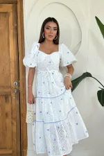 Wholesale Blue Lace Detailed Embroidered Dress