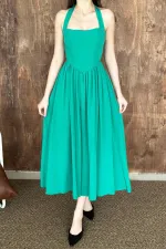 Toptan Yeşil Boyundan Bağlamalı Keten Elbise