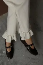 Toptan Bej Paçası Fırfırlı Keten Pantolon