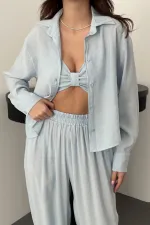 Toptan Bebe Mavi Gipe Detaylı Üçlü Takım