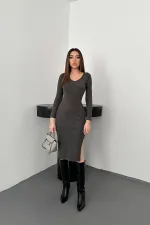 Toptan Antrasit Eteği Yırtmaçlı Triko Elbise