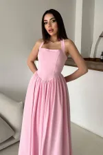 Wholesale Pink Halter Neck Linen Dress