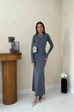 Toptan Gri Vücudu Saran Uzun Elbise