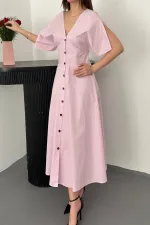 Toptan Pembe Düğmeli Midi Boy Poplin Elbise