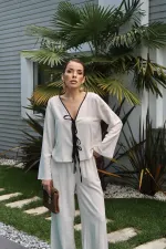 Toptan Bej Fiyonklu Keten Takım