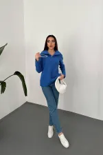 Toptan Mavi Fermuarlı Ve Boğazlı Triko Kazak