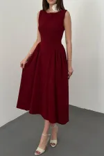Toptan Bordo Yanları Büzgülü Midi Boy Keten Elbise
