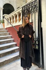 Toptan Haki Deri Kuşak Garnili Kaban