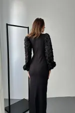 Toptan Siyah Kolları Çiçekli Atlas Elbise