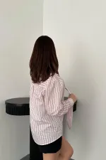 Toptan Pembe Boyundan Bağlamalı Çizgili Gömlek