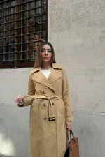 Toptan Camel Uzun Kemerli Trençkot