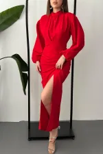 Robe fendue à jupe plissée rouge en gros