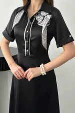 Toptan Siyah Fular Detaylı Saten Elbise