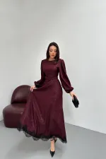 Toptan Mürdüm Kare Kabartmalı Simli Uzun Elbise