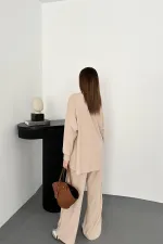 Toptan Krem Klasik Fitilli Kazak Ve Pantolon Takım