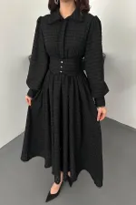 Toptan Siyah Brode Kemerli Fisto Elbise