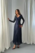 Toptan Lacivert Sırt Dekolteli Pulpayet Elbise