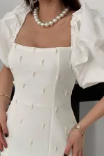 Toptan Ekru İşlemeli Kolu Garnili Elbise