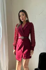 Wholesale Burgundy Laced Sleeve Atlas Dress