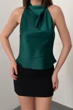 Toptan Zümrüt Degaje Saten Bluz