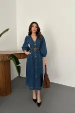 Toptan Mavi Balon Kol Kot Elbise