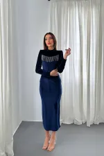 Robe en velours bleu marine à paillettes en gros