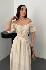 Toptan Bej Yakası Büzgülü Müslin Keten Elbise