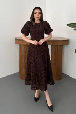 Toptan Kahverengi Güllü Elbise