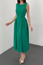 Toptan Yeşil Yanları Büzgülü Midi Boy Keten Elbise