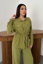 Toptan Olive Düğme Detaylı Gömlek Ve Nervürlü Pantolon Takım