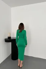 Toptan Yeşil Göğüsü Büklüm Elbise