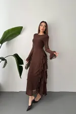 Toptan Kahverengi Volanlı Şifon Elbise