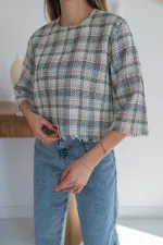 Toptan Desenli Püskül Detaylı Bluz