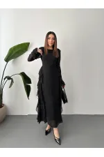 Toptan Siyah Volanlı Şifon Elbise