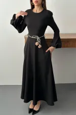 Toptan Siyah Balon Kollu Kuşaklı Elbise