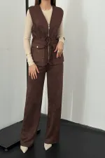 Toptan Kahverengi Süet Yelek Pantolon Takım