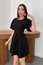 Toptan Siyah Arkadan Bağlamalı Keten Elbise