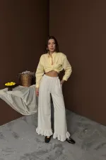 Toptan Bej Paçası Fırfırlı Keten Pantolon